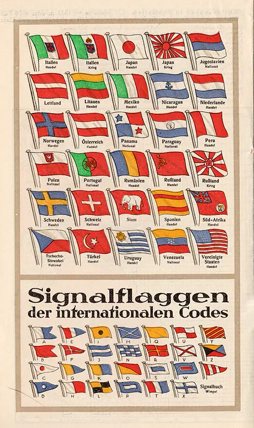 National Flags and Signal Flags Included with the North German Lloyd SS Karlsruhe Cabin Class Passenger List - 26 July 1928 (In German).