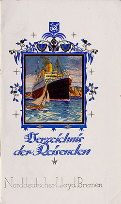 Front Cover of a Cabin Class Passenger List from the SS Karlsruhe of the North German Lloyd, Departing 23 August 1928 from Bremen to New York via Boulogne-sur-Mer and Queenstown (Cobh)