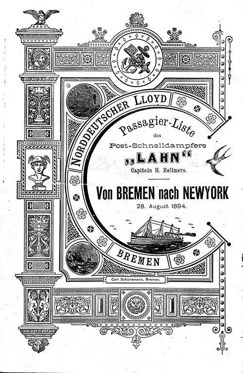 Front Cover, Norddeutscher Lloyd Steerage Class Passenger List from the SS Lahn on 29 August 1894.