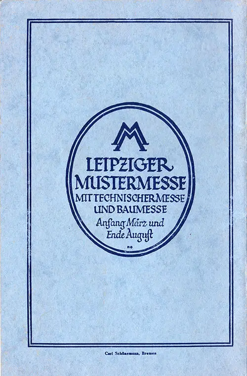 Back Cover, North German Lloyd SS Lützow Tourist Third Cabin Passenger List - 29 September 1928.