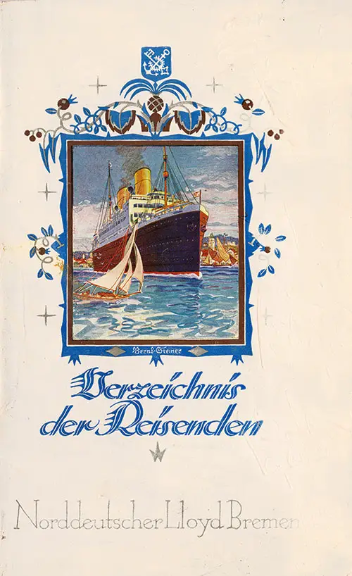 Front Cover of a Cabin Class Passenger List from the SS München of the North German Lloyd, Departing 30 August 1928 from Bremen to New York via Cherbourg and Cobh.