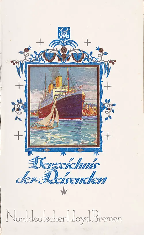 Front Cover of a Cabin Class Passenger List from the SS München of the North German Lloyd, Departing 17 October 1929 from Bremen to New York via Boulogne-sur-Mer and Queenstown (Cobh)