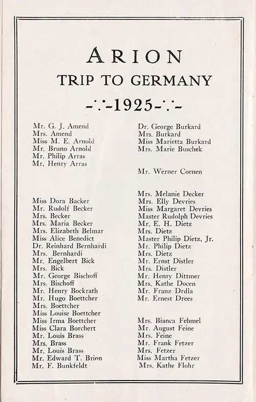 First Page of Arion Trip to Germany Passengers in the North German Lloyd SS Sierra Ventana Arion Club and Cabin Passenger List - 13 June 1925. Year is clearly marked "1925." 