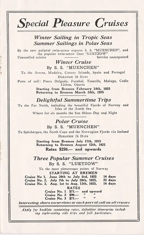 Special Pleasure Cruises Advertisement Appearing in the North German Lloyd SS Sierra Ventana Arion Club and Cabin Passenger List - 13 June 1925.