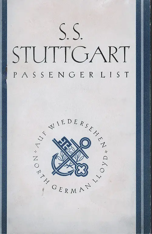 Front Cover, Cabin Class Passenger List from the SS Stuttgart of the North German Lloyd, Departing 12 June 1930 from New York to Bremen via Cobh and Cherbourg.