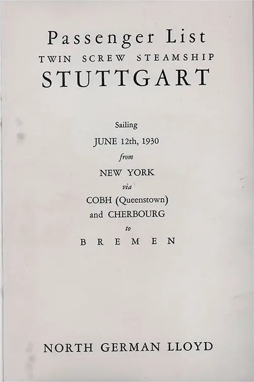 Title Page, SS Stuttgart Passenger List, 12 June 1930.