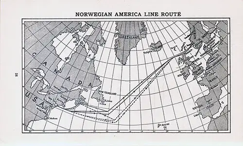 Norwegian-America Line Route Map. SS Stavangerfjord Passenger List, 14 July 1953.