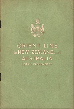 Front Cover, Orient Line SS Orion Tourist Class Passenger List - 8 October 1954.