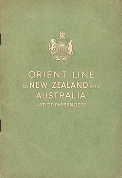 GGA Image ID # 1314458bdb Front Cover, Orient Line SS Orion Tourist Class Passenger List - 8 October 1954.