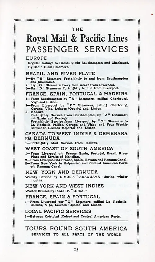 RMSP Passenger Services for 1925.