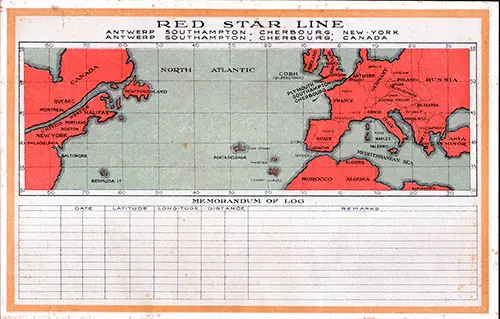 Track Chart and Memorandum of Log (Unused). SS Arabic Passenger List, 16 August 1929.