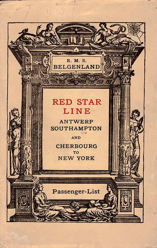 Front Cover, Cabin Passenger List for the RMS Belgenland of the Red Star Line, Departing 19 July 1924 from London to New York via Cherbourg.