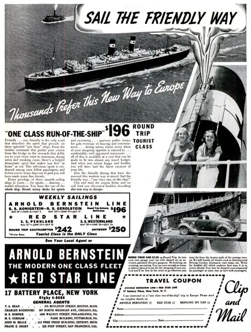 1937 Magazine Ad for the Arnold Bernstein Red Star Line One-Class Ships