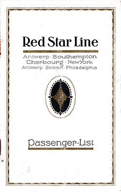 Front Cover, First and Second Cabin Passenger List for the RMS Lapland of the Red Star Line, Departing Wednesday, 8 August 1923 from Antwerp to New York.