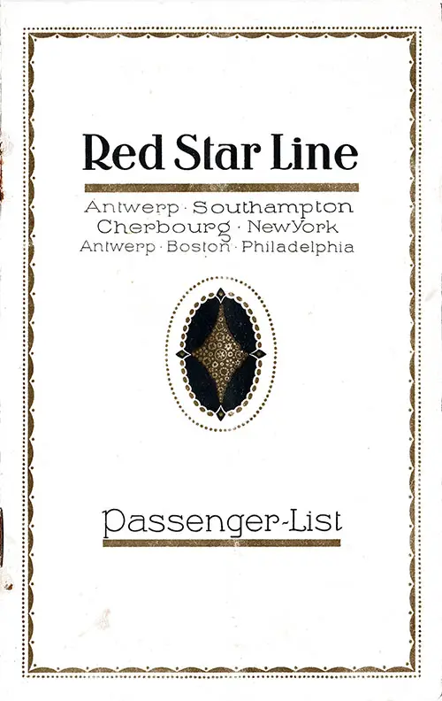 Front Cover, First and Second Cabin Passenger List for the RMS Lapland of the Red Star Line, Departing Wednesday, 8 August 1923 from Antwerp to New York.