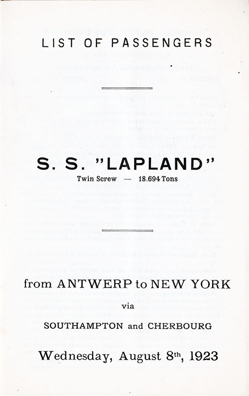Title Page, SS Lapland Cabin Passenger List, 8 August 1923.