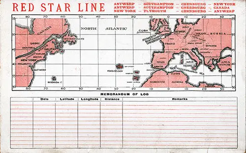 Back Cover, Red Star Line Track Chart, RMS Lapland Cabin Class Passenger List - 31 August 1928.