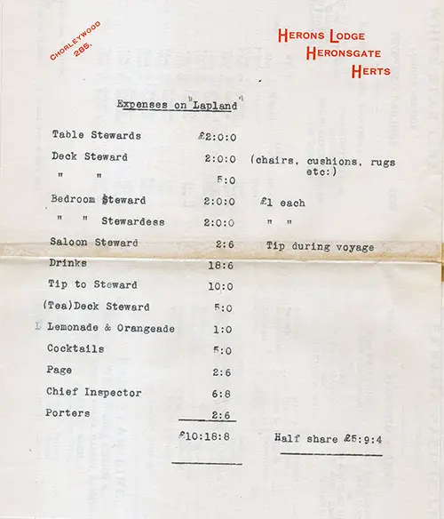 Miss Mulholland Provides an Accounting of Onboard Expenses Paid - A Total of £10:18:8.