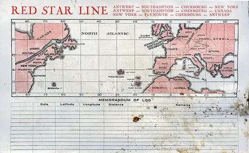 Back Cover Features an Unused Track Chart and Memorandum of Log from the SS Lapland Cabin Passenger List from 25 July 1930.