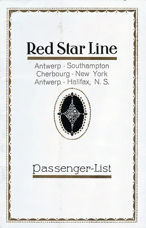 Front Cover, Red Star Line RMS Lapland Tourist Class Passenger List - 22 August 1930.
