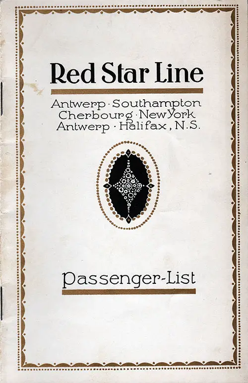 Front Cover, Red Star Line SS Pennland Cabin Class Passenger List - 27 August 1926.