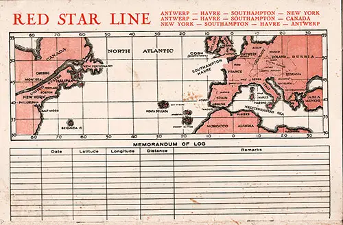 Track Chart, Red Star Line SS Pennland Cabin Class Passenger List - 26 August 1932.