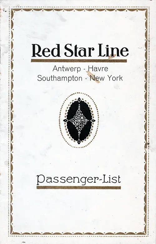 Front Cover, Red Star Line SS Pennland Cabin Class Passenger List - 24 August 1934.