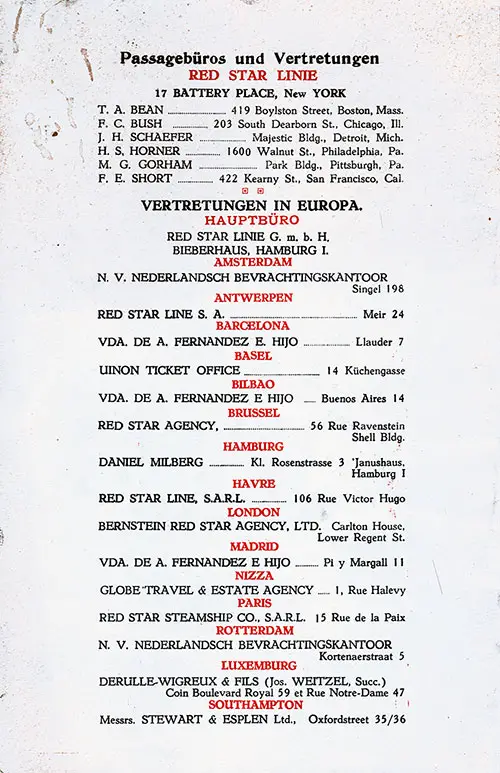 Red Star Line Offices and Agencies - September 1936.