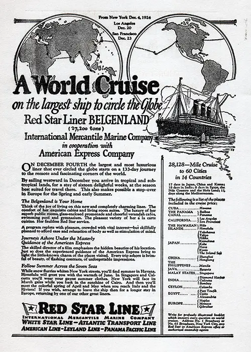 Advertisement for 133-Day World Cruise starting December 1924 on the Red Star Line SS Belgenland