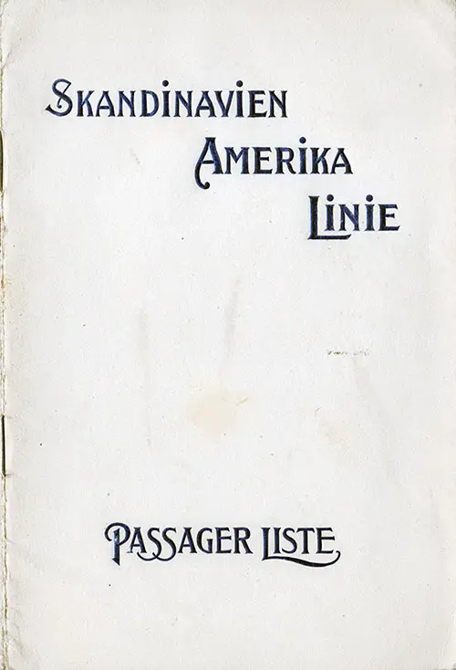 Front Cover, Scandinavian-American Line SS Frederik VIII Cabin Class Passenger List - 14 November 1916.