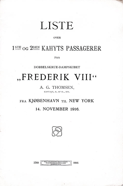 Title Page, SS Frederik VIII Cabin Passenger List, 16 November 1916.