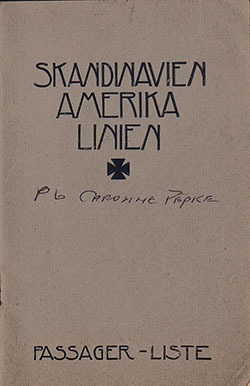 Front Cover, Passenger List, Scandinavian America Line SS Frederik VIII, 9 December 1919