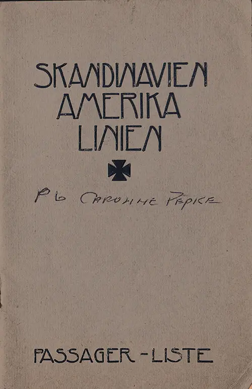 Front Cover, Scandinavian-American Line SS Frederik VIII Cabin Class Passenger List - 9 December 1919.