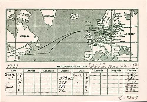 Track Chart, SS Frederik VIII Passenger List - 29 May 1931