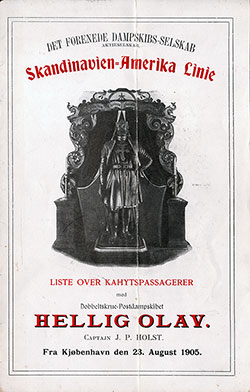 Passenger List, Skandinavien-Amerika Linie, SS Hellig Olav, 1905, Copenhagen, Danmark til New York