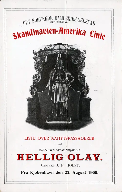 Front Cover, Scandinavian-American Line SS Hellig Olav Cabin Class Passenger List - 23 August 1905.