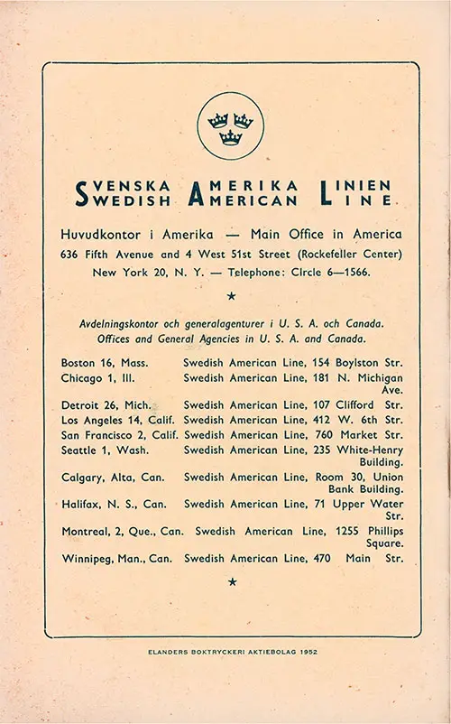 Back Cover, Swedish American Line MS Gripsholm Tourist Passenger List - 17 July 1953.
