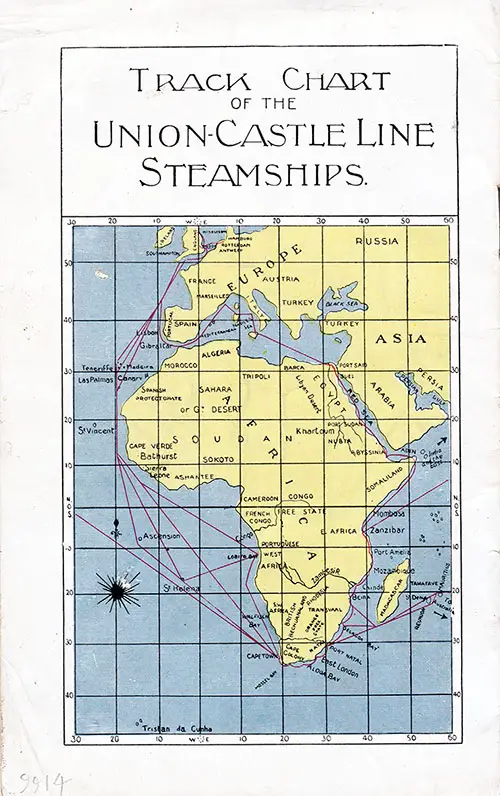 Track Chart on the Back Cover, Union-Castle Line RMS Armadale Castle First and Second Class Passenger List - 12 November 1920.