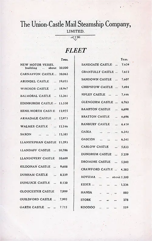 November 1927 Union-Castle Line Fleet List.