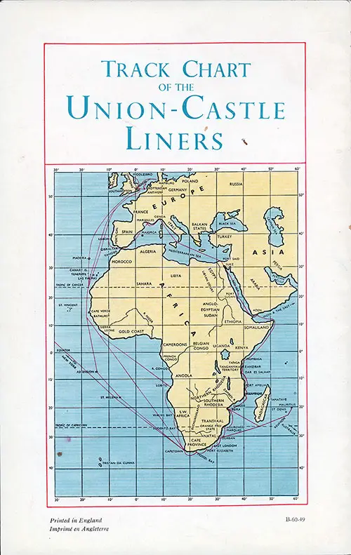 Track Chart on the Back Cover, Union-Castle Line RMS Edinburgh Castle First and Cabin Class Passenger List - 31 March 1950.