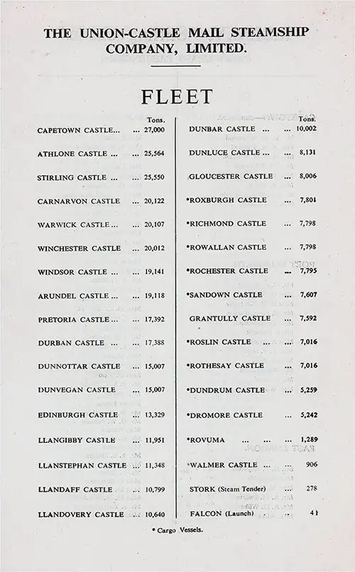 July 1939 Union Castle Line Fleet List.