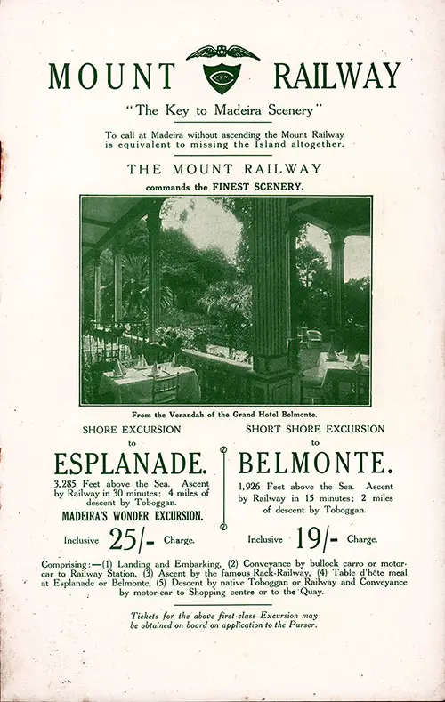 Advertisements for Mount Railway -- The Key to Madeira Scenery and the Esplanade and Belmonte Shore Excursions, July 1939.