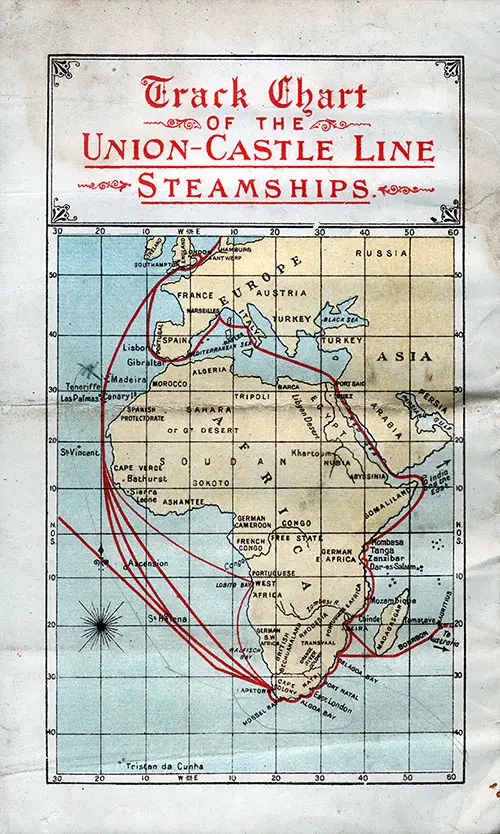 Track Chart on the Back Cover of a Cabin Passenger List from the RMS Walmer Castle of the Union-Castle Line, Departing Saturday, 15 July 1911.