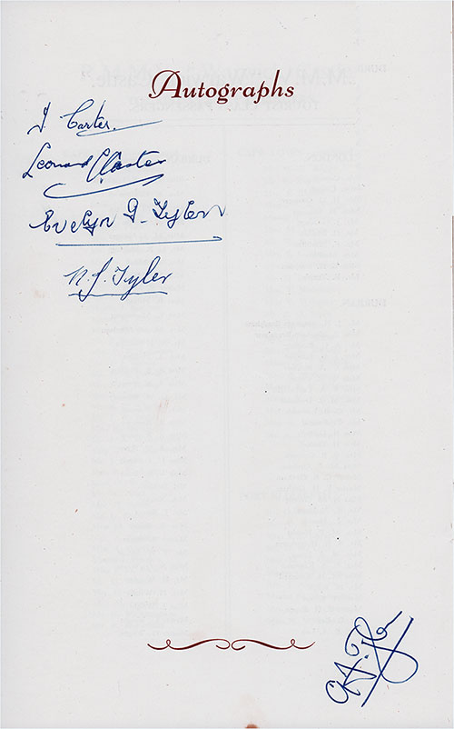 Autographs, Union-Castle Line RMS Warwick Castle First Class and Tourist Passenger List - 15 December 1949.