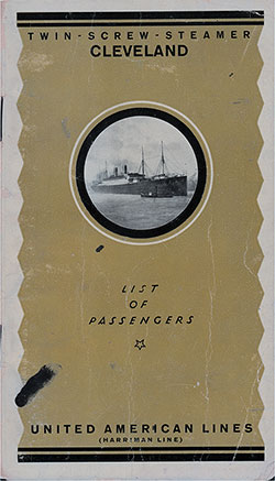Front Cover, United American Lines SS Cleveland Cabin Class Passenger List - 21 October 1923.