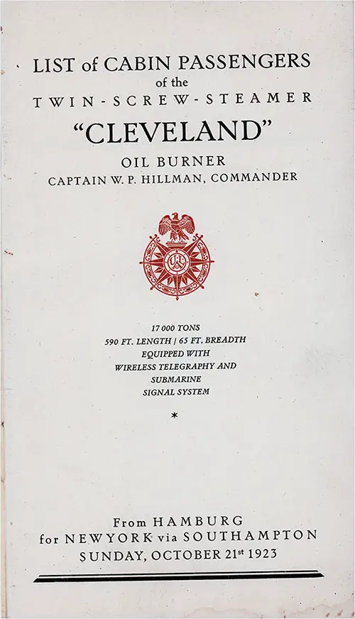 Title Page, SS Cleveland Cabin Passenger List, 21 October 1923.