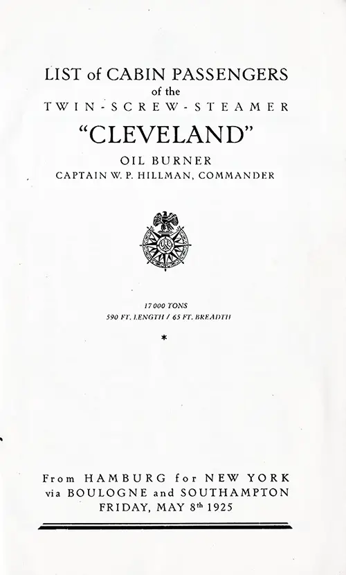 Title Page, SS Cleveland Cabin Passenger List, 8 May 1925.