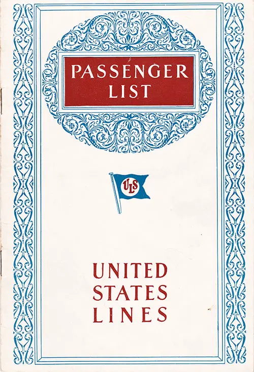 Front Cover of a Tourist Third Cabin Passenger List for the SS George Washington of the United States Lines, Departing 19 May 1928 from New York to Bremen via Plymouth and Cherbourg