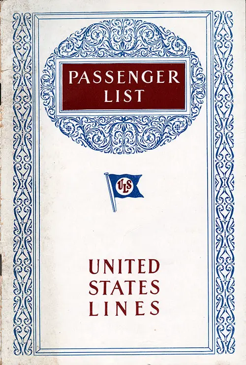 Front Cover, United States Lines SS Leviathan Cabin Class Passenger List - 30 March 1929.