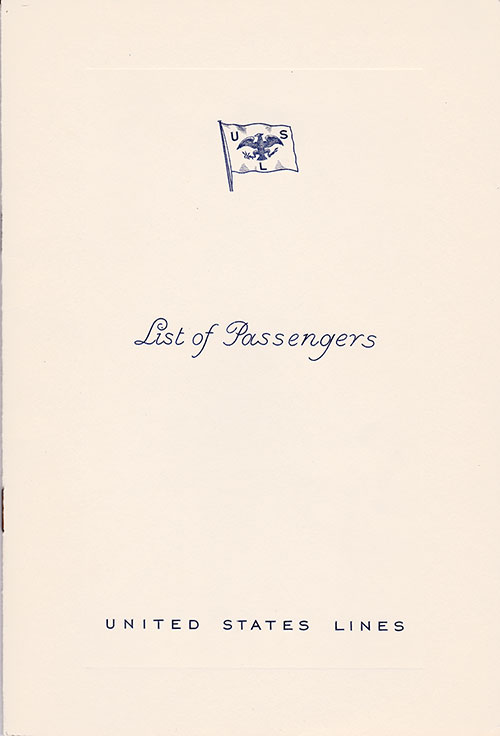 Front Cover of a Cabin Class Passenger List from the SS Manhattan of the United States Lines, Departing 18 July 1934 from New York to Hamburg via Queenstown (Cobh), Plymouth and Le Havre